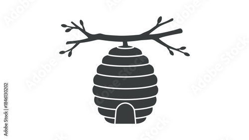 A stylized, dark grey silhouette of a beehive hangs from a bare tree branch against a stark white background, suggesting nature and industry.