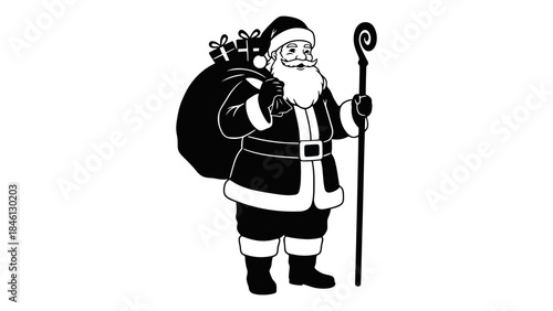 A jolly Santa Claus stands with a sack full of gifts on his back and a staff in his hand, ready for Christmas.