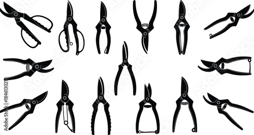 Garden pruners and shears silhouettes collection, pruning tool icons set, gardening equipment illustration for landscaping, trimming, horticulture, outdoor maintenance projects