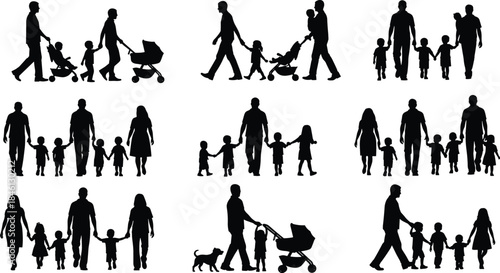 Family silhouettes walking together, parents with children and stroller, group family figures in motion, parenting, unity and togetherness illustration for design