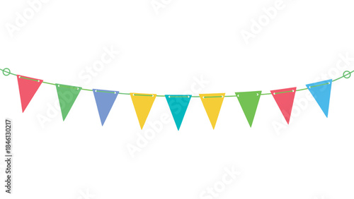 A string of colorful triangular pennant flags in red, green, blue, and yellow hangs suspended against a white background, ready to celebrate.