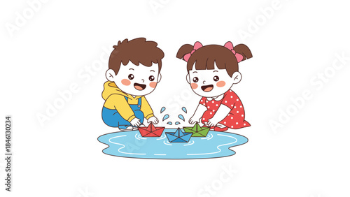 Two young children, a boy and a girl, are joyfully playing with colorful paper boats in a puddle of water, splashing and laughing.