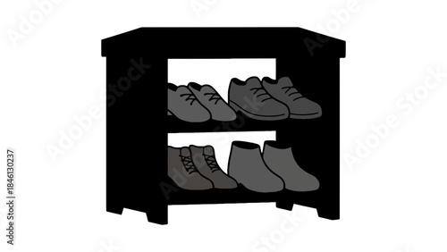 A black shoe rack holds pairs of shoes on two shelves, illustrating a common household storage solution.