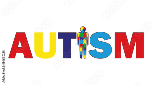 The word AUTISM is displayed in large, colorful letters, with a small puzzle-piece person figure representing the letter 'U'.