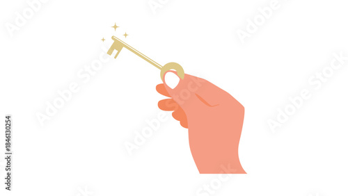 A hand holds a golden key, symbolizing opportunity, access, or a solution, with sparkling highlights indicating importance and success.