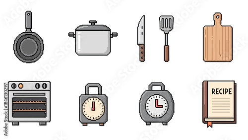 Essential Kitchen and Cooking Utensils Set A Comprehensive Collection of Flat Design Icons for Home Food Preparation, Baking, and Culinary Projects