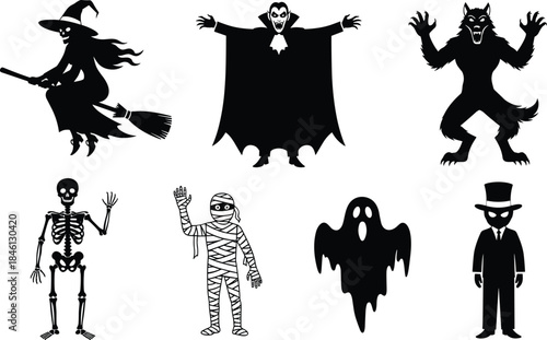 Halloween monster silhouettes including witch, vampire, werewolf, skeleton, mummy, ghost, mysterious man, spooky character set for horror design and decoration