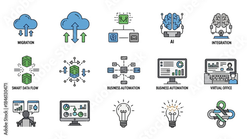 Essential Digital Business and Technology Concepts A Comprehensive Icon Set for Modern Automation, Data Management, and Cloud Integration Solutions