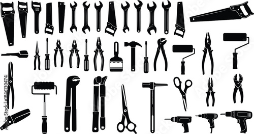 Hand tools silhouettes collection, construction and repair equipment icons, saws wrenches pliers hammers, workshop tool set illustration for hardware projects