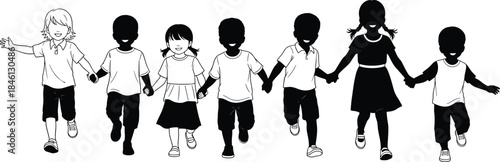 Happy children holding hands, diverse kids running together, friendship unity, childhood fun, teamwork illustration, playful group silhouette artwork