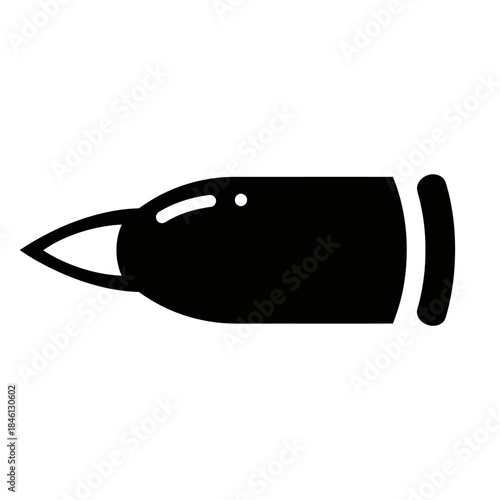 Black silhouette of a handgun or rifle bullet cartridge, symbolizing defense, danger, ammunition, weaponry, and security or law enforcement.