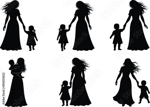 Mother and child silhouettes, loving mom holding hands with daughter and son, family bond illustration set for parenting, motherhood, affection and lifestyle themes
