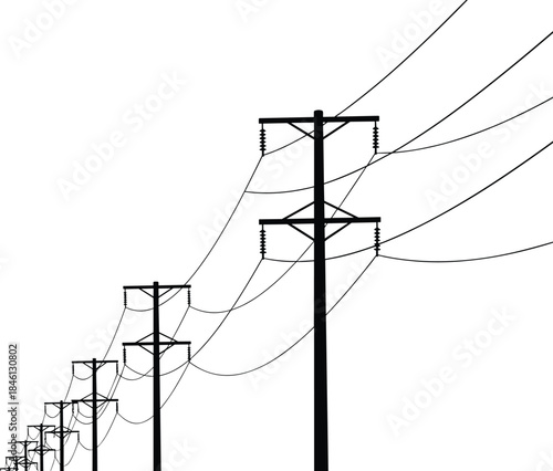 Silhouette of utility poles with crossarms, insulators, and overhead power lines, linear perspective, black and white vector for infrastructure illustration