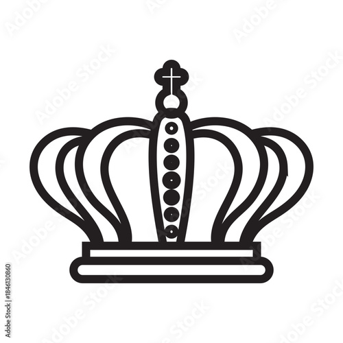 Highly stylized crown icon worn by monarchs as a symbol of their power, authority, dignity, and legitimacy. Adorned with jewels, pearls, and enamel, related to royalty, achievement, superior quality