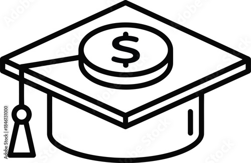 Graduation cap with dollar coin icon: education funding, student loan, scholarship symbol