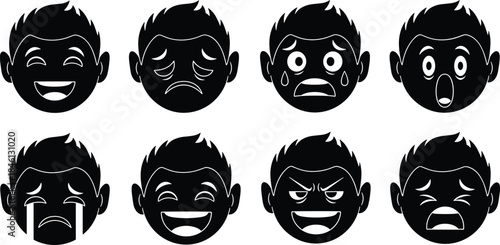 Set of cartoon boy facial expressions, emotional faces showing happiness, sadness, fear, anger, surprise, crying, illustration icons for emotions