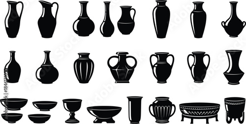 Silhouette collection of ceramic vases, ancient pottery and decorative bowls, classic vessel shapes for vintage design, art illustration and cultural themes