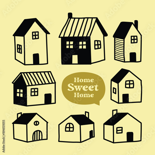 Charming Hand-Sketched Houses with Home Sweet Home Text