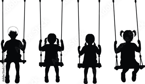 Silhouette collection of children sitting on swings, featuring playful poses, outdoor activity, childhood moments, park lifestyle, and creative design elements