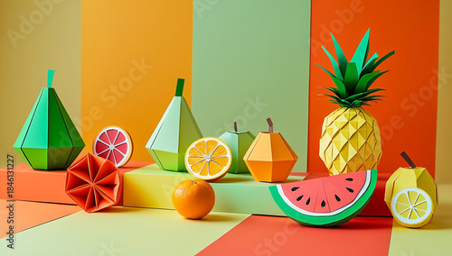 Colorful Papercraft Fruit Still Life with Geometric Paper Shapes on Vibrant Studio Background