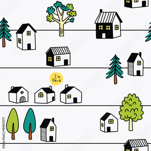 Hand-Drawn Village Pattern with Cute Houses and Trees