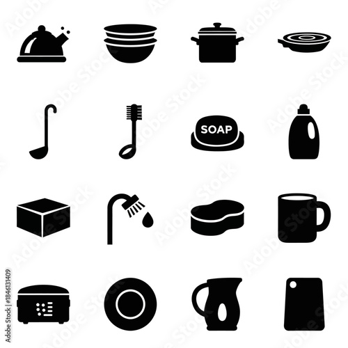 Black silhouette icons of various kitchenware, cleaning supplies, and household items.