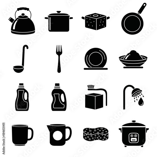 A collection of black silhouette icons depicting various kitchenware, cleaning products, and bathroom items.