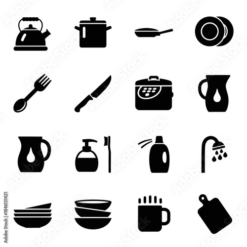 A collection of black silhouette icons depicting various kitchenware, cooking utensils, and cleaning items on a white background.