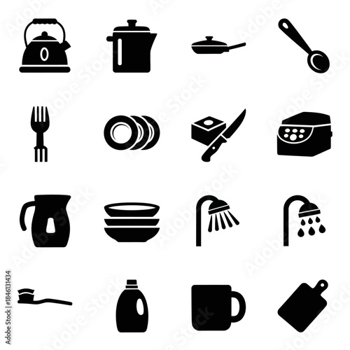 Collection of black silhouette icons depicting various household items, kitchenware, and bathroom essentials on a white background.