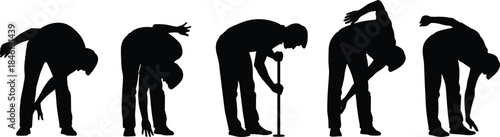 Silhouette man stretching exercises, touching toes, bending forward, fitness warm-up poses, flexibility workout illustration, human figure training movement sequence