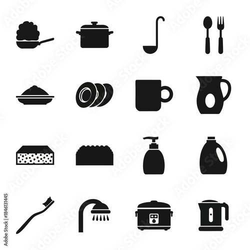 A collection of black silhouette icons depicting various kitchenware, cleaning supplies, and household items.
