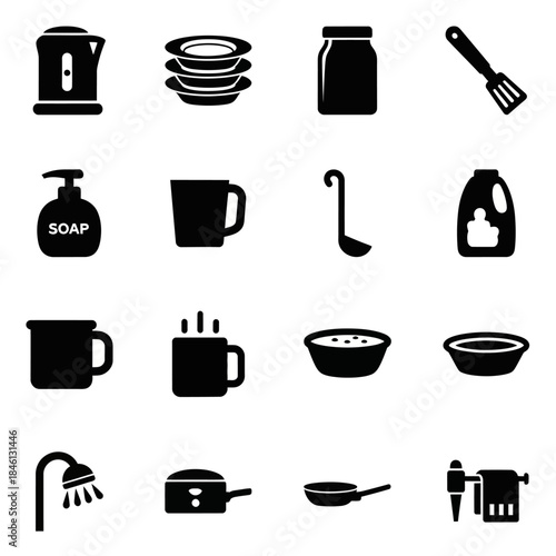 A collection of black silhouette icons depicting various household items, including kitchenware, cleaning supplies, and bathroom fixtures.