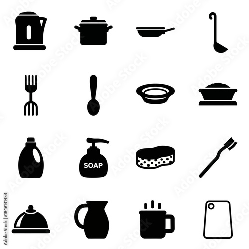 A collection of black silhouette icons representing various kitchen utensils, cooking equipment, and cleaning supplies for domestic use.