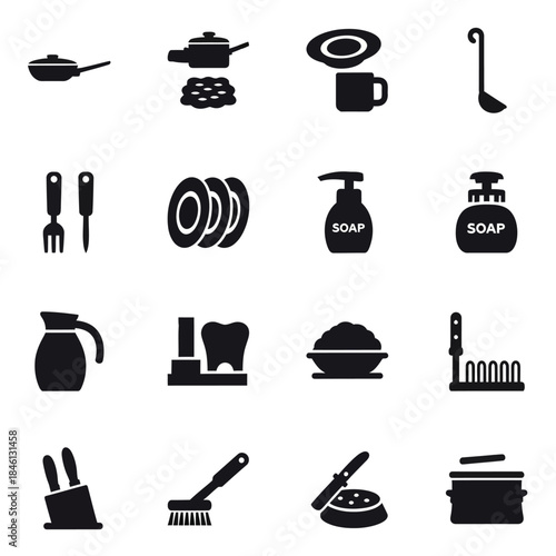 Collection of black silhouette icons depicting various kitchenware, dishwashing tools, and common household items.