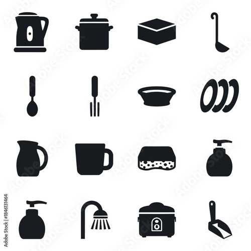 A collection of various kitchen and bathroom household items and utensils.