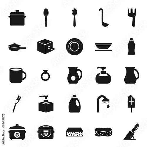 A comprehensive collection of black silhouette icons depicting various kitchenware, cleaning supplies, and household items on a white background.