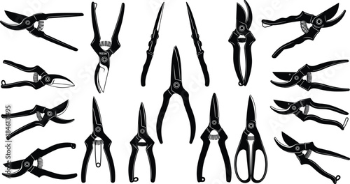 Silhouette gardening tools collection featuring pruning shears and pliers, detailed black vector illustration set for garden equipment, workshop and landscaping design