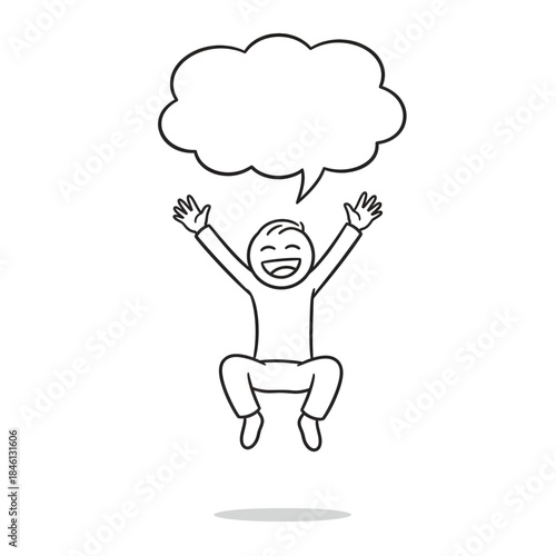 Black and white stickman vector showing extreme happiness and excitement while jumping. Expressive body movement with empty speech bubble. Suitable for celebration, success, positive emotion, presenta