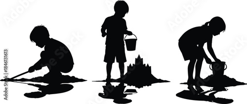 Silhouette set of children building sandcastles, playing with buckets, digging in sand, beach activity scenes, creative summer play, and childhood outdoor moments