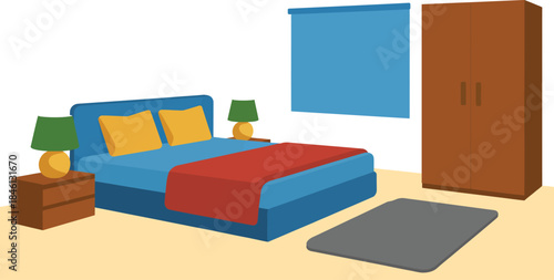 A cozy bedroom interior with a blue bed, bedside tables, lamps, wardrobe, and a rug.