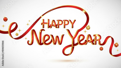 Happy new year celebration with red gold text and sparkles on white background