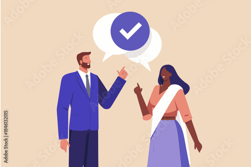 Business professionals discussing ideas with a confirmation checkmark in a speech bubble