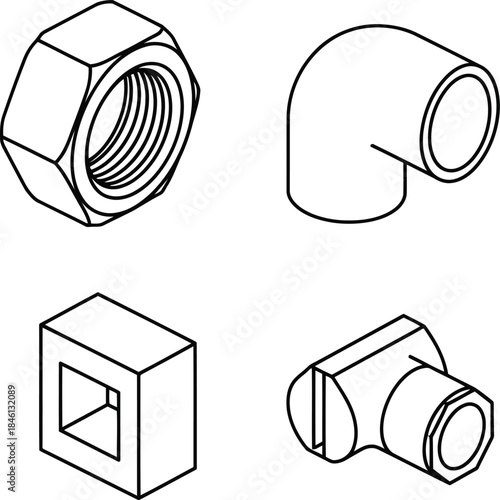 Isometric line art vector set: plumbing pipe fittings, nut, elbow, connector illustrations