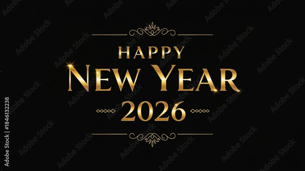 Obraz premium Golden happy new year 2026 text on black background with decorative lines