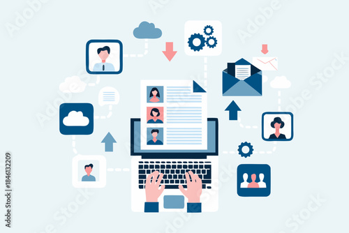 Digital recruitment and online hiring process with connected devices illustration