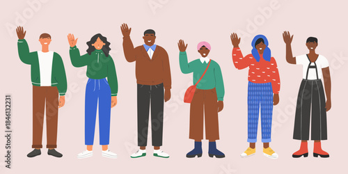 Diverse group of people waving showcasing inclusivity and a welcoming atmosphere