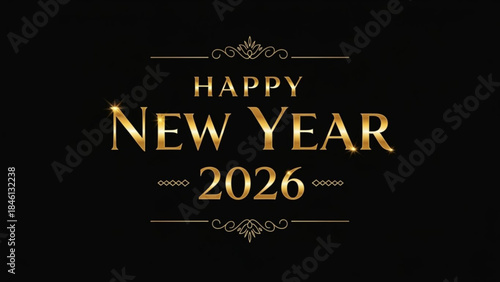 Golden happy new year 2026 text on black background with decorative lines
