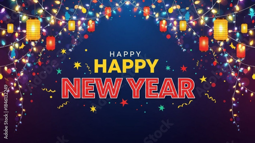 Vibrant happy new year celebration graphic with colorful lanterns, string lights, stars, and confetti on dark background