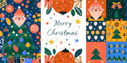 Festive christmas patterns with santa trees ornaments and merry christmas text