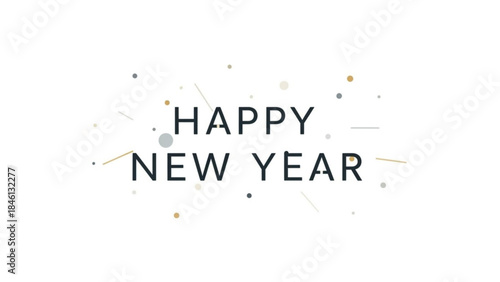 Happy new year celebration text with confetti and dots on white background